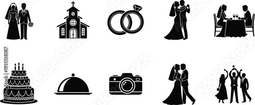 Comprehensive wedding silhouette collection featuring bride and groom icons marriage church ceremony rings tiered cake camera and romantic couples isolated on a white background