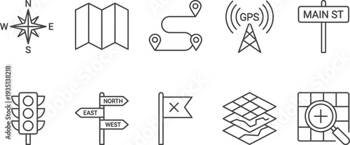 Navigation icons set, GPS symbols, map and direction signs