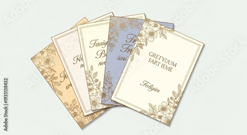 Vintage greeting cards with floral designs and elegant text on white background