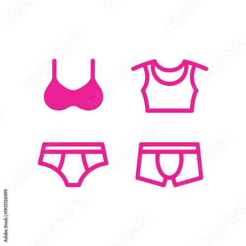 Simple line art icons represent a bra, tank top, briefs, and boxers.