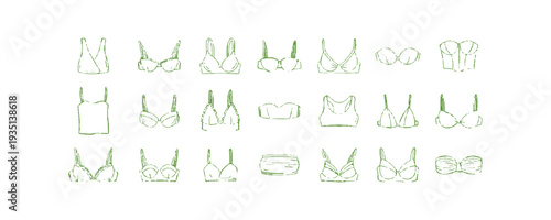 Technical line art illustrations of women sports bra designs showing multiple styles, front views, activewear lingerie fashion flats, vector clothing outlines for fitness apparel concepts