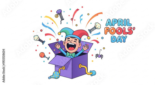 Jester emerges from purple box on april fools' day with colorful confetti and prank items