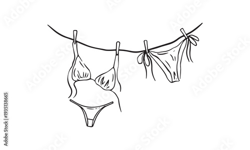 Drying swimsuit hanging on a rope. Bra and panties underwear laundry on the clothesline, summer beach bikini linocut doodle. Italian summer vacation doodle style illustrations.