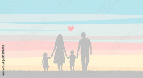 Family of four walking hand in hand at sunset with heart above symbolizing love and togetherness in a serene natural setting