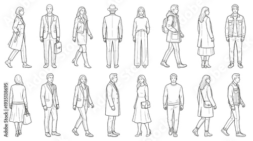 CAD People Outline Vector Set Walking Sitting Standing Human Figure Drawing Collection