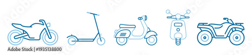 Motorcycle and scooter icon set, bike, moped, kick scooter and atv outline symbols isolated on transparent background