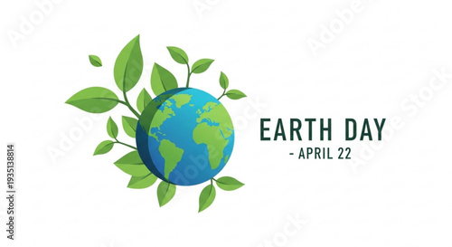 Earth day illustration with globe and green leaves on white background symbolizing environmental awareness and sustainability on april 22