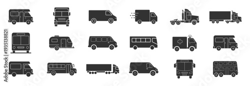 Truck, bus and van icon collection, delivery cargo vehicle, camper, ambulance and transit transport outline symbols isolated on transparent background