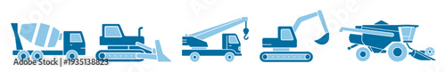 Construction machinery icon collection, excavator, bulldozer, crane, cement mixer and combine harvester linear symbols isolated on transparent background
