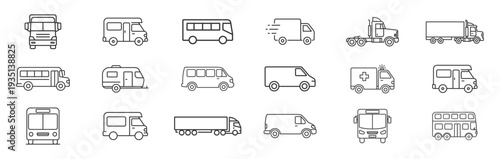 Truck, bus and van icon set, delivery cargo vehicle, camper, ambulance and trailer outline symbols isolated on transparent background