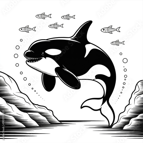 Orca whale jumping over waves monochrome background