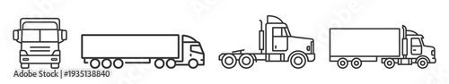 Semi truck and trailer outline icons set, cargo transport lorry tractor semitrailer commercial freight vehicles vector on transparent background