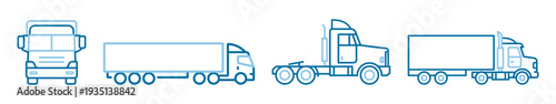 Semi truck and cargo trailer outline icon set, lorry tractor semitrailer freight logistics commercial transport vehicles vector on transparent background