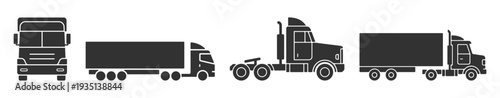 Truck and semi trailer transport outline collection, cargo freight logistics lorry tractor articulated rig commercial vehicles vector on transparent background