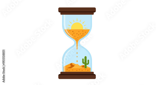 Hourglass showing desert landscape with sun and cactus, symbolizing time passing and arid conditions
