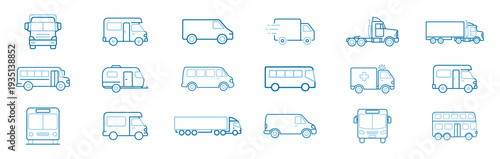 Truck, bus and van transport vehicle outline icon set, delivery cargo trailer ambulance camper commercial fleet vector on transparent background