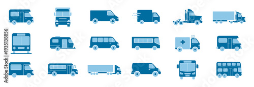 Truck, bus, van and ambulance transport outline icons, cargo trailer semi tractor motorhome commercial fleet collection vector on transparent background