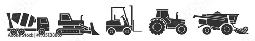 Industrial farm machinery icons, tractor cement mixer truck loader forklift and harvester outline vector set on transparent background