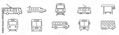 Train, tram, subway and bus public transport outline icon set, railway metro transit vehicles and station platform vector on transparent background