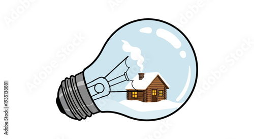 Conceptual graphic of a snow-covered house within a light bulb, symbolizing winter energy, home warmth, and sustainable power solutions