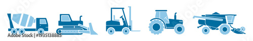 Industrial and farm machinery icons, tractor cement mixer truck bulldozer forklift and combine harvester editable stroke vector set on transparent background