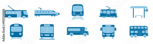 Train, tram, subway and bus transport outline icons, public railway transit vehicles with station platform and shelter vector on transparent background