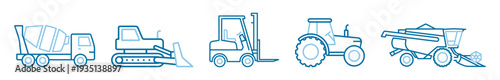 Construction and agriculture vehicles icon set, tractor truck bulldozer forklift combine harvester and cement mixer outline vector on transparent background
