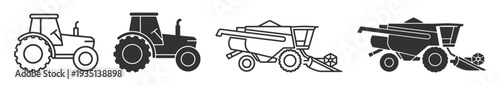 Tractor and combine harvester agriculture icon set, outline and solid glyph vector collection isolated on transparent background