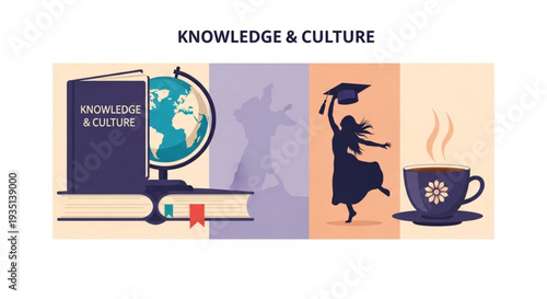 Knowledge and culture symbols with book globe graduation and coffee
