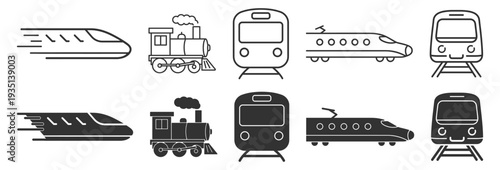 Railway transport icon set, train subway locomotive tram and metro outline and solid glyph vector isolated on transparent background