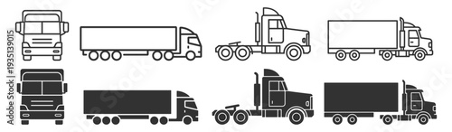 Cargo truck icon set, delivery lorry trailer freight transport outline and solid glyph vector isolated on transparent background