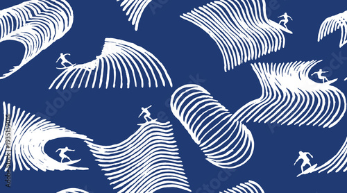 Elegant Japanese-inspired background featuring white surfer silhouettes on stylized navy blue waves. Intricate hand-drawn rhythmic linework creates a bold, coastal lifestyle aesthetic.