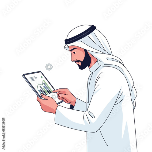 Middle Eastern businessman analyzing data on tablet in modern style