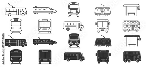 Public transport icon set, bus train tram subway and trolleybus outline and solid glyph vector isolated on transparent background