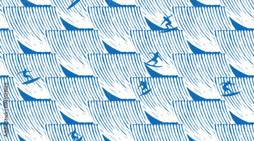 Dynamic Japanese-inspired seamless pattern featuring blue surfer silhouettes on white hand-drawn waves. Rhythmic woodblock-style etching creates a bold, coastal lifestyle aesthetic.
