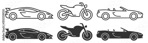 Sports car and motorcycle icon set, convertible automobile and motorbike outline and solid glyph vector isolated on transparent background