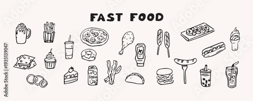 Vector fast food collection. Hand drawn doodles