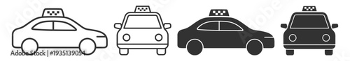 Taxi car icon set, urban cab automobile front and side view outline and solid glyph vector isolated on transparent background