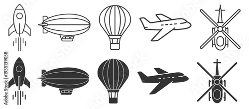 Aviation transport icon set, rocket airplane helicopter airship and hot air balloon outline and solid glyph vector isolated on transparent background
