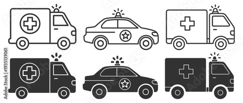 Emergency vehicle icon set, ambulance van and police car outline and solid glyph vector isolated on transparent background