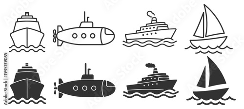 Marine transport icon set, ship submarine yacht and sailboat outline and solid glyph vector isolated on transparent background
