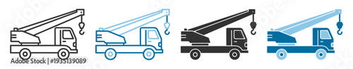 Crane truck icon set, construction tow truck with lifting hook outline and solid glyph vector isolated on transparent background