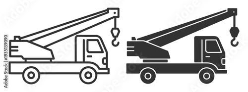 Crane truck icon set, construction tow truck with lifting hook outline and solid glyph vector isolated on transparent background