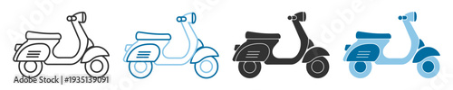 Vintage scooter motorbike icon set in outline and solid styles isolated on transparent background