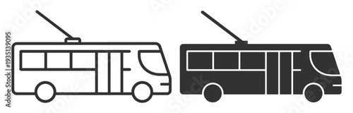Electric trolleybus icon set, urban public transport vehicle with overhead wire outline and solid glyph vector isolated on transparent background