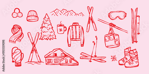Hand drawn doodle ski essentials collection. Winter activities