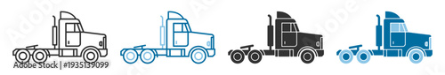 Semi truck tractor unit for cargo transport in outline and solid styles isolated on transparent background