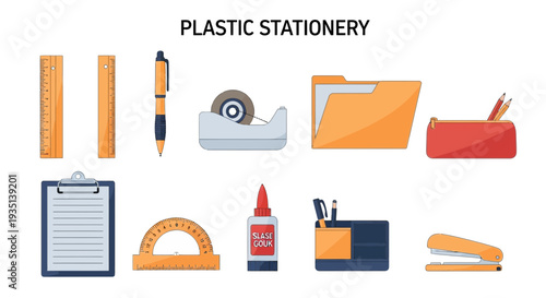 Collection of ten plastic stationery items illustrated against a white background