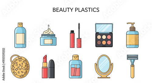 Ten icons representing various plastic beauty products are arranged in two rows