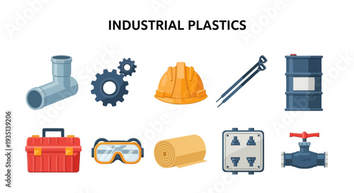 Illustration of ten industrial plastic items set against a white background